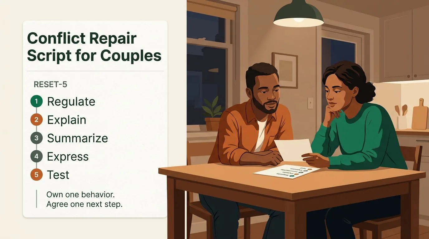 ภาพกรอบ RESET-5 สำหรับซ่อมความขัดแย้งข้างคู่รักที่กำลังคุยปรับความเข้าใจกันอย่างสงบ