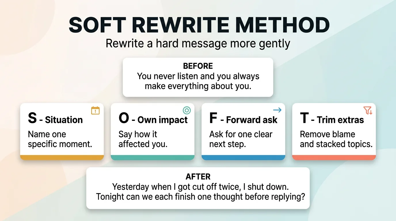 อินโฟกราฟิกวิธี SOFT พร้อมตัวอย่างข้อความก่อนและหลังปรับ