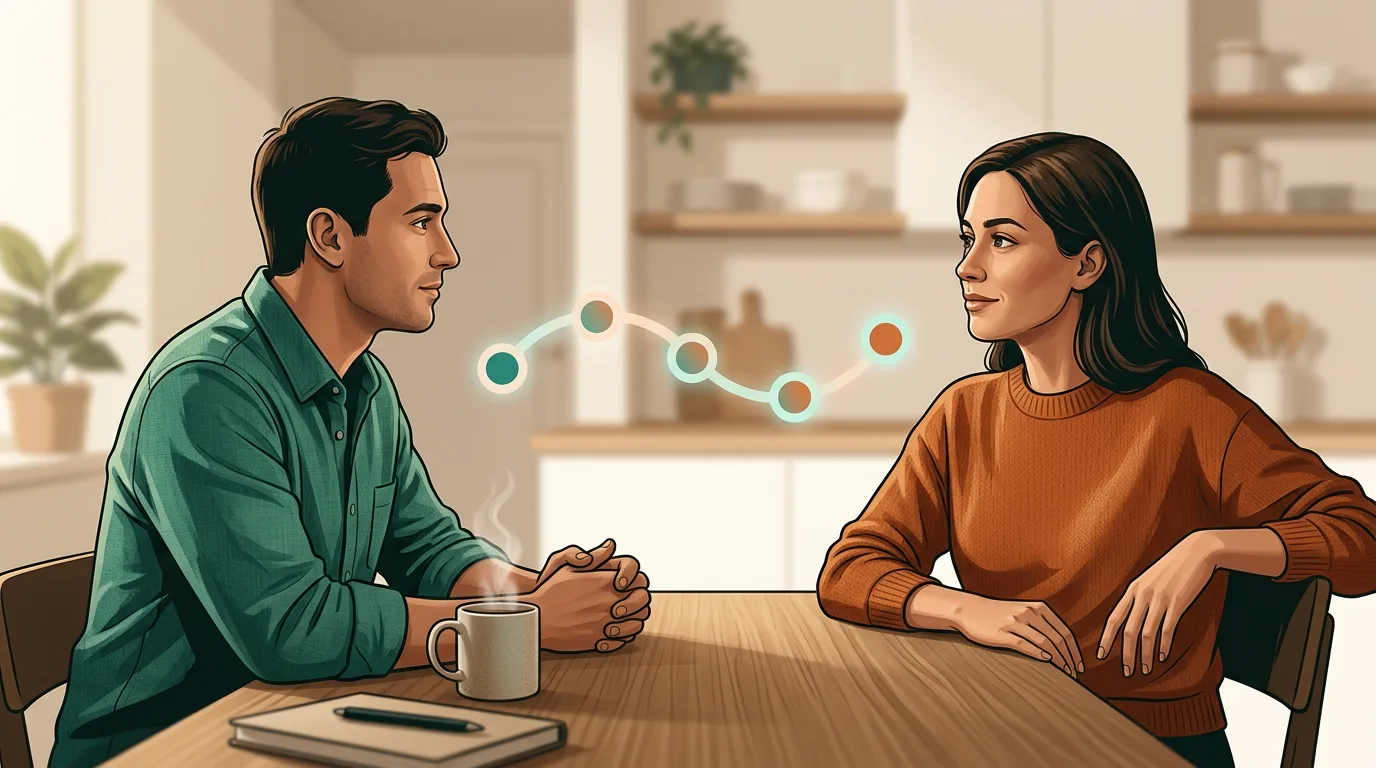 คู่รักสองคนนั่งคุยเรื่องความสัมพันธ์ที่ละเอียดอ่อนอย่างสงบ