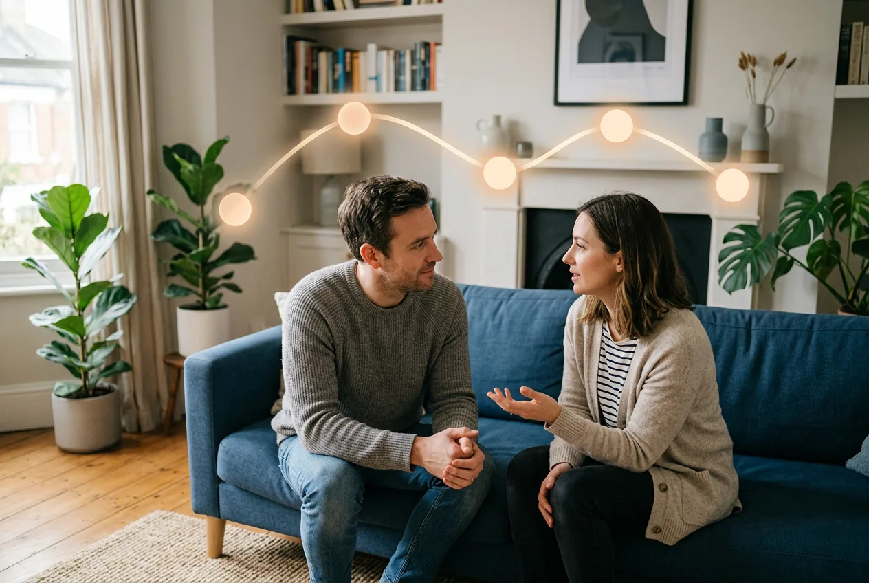 คู่รักสองคนนั่งคุยกันอย่างสงบในบ้าน